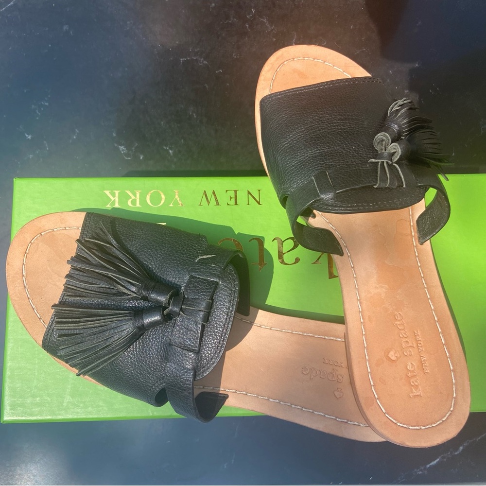 Kate Spade Black Tumbled Leather Coby Slides with Tassels